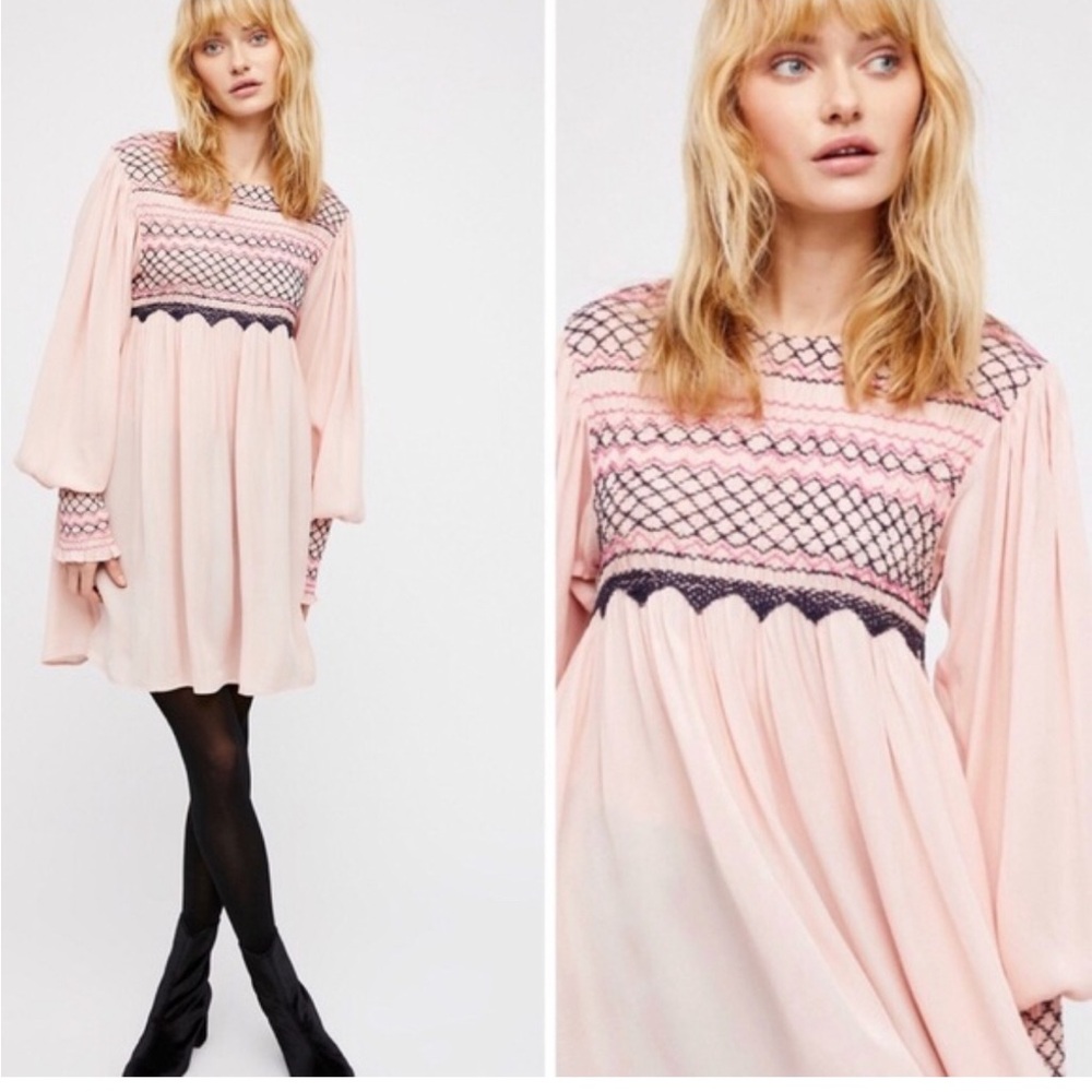 NWT Free People Pink Ruched Dress Smocked Peasant Long Sleeve Size L